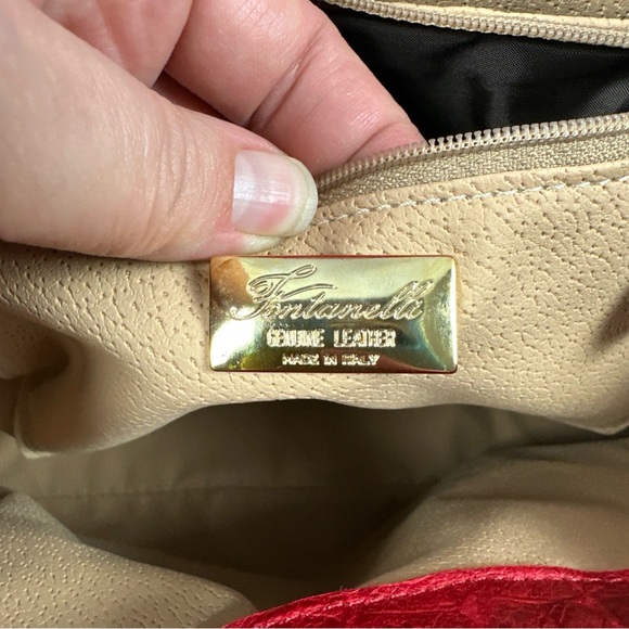 Fontanelli Handbag Purse Red Leather Croc Embossed w/ Snake Skin Trim - Picture 11 of 14